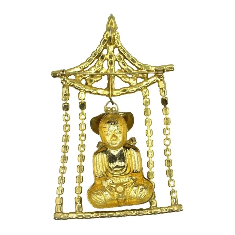 Vintage Rhinestone Pagoda Brooch Asian Articulating Designer Jewelry Pin Pendant
